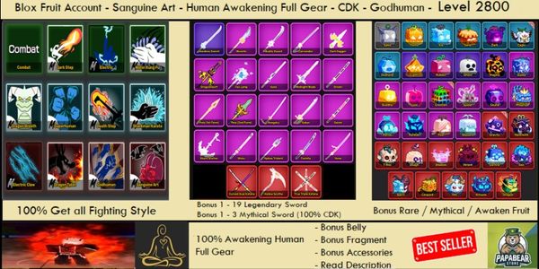 HUMAN Full Gear V4 ( Awakening ) - Sanguine Art - CDK - Godhuman - Bonus - Akun Blox Fruit