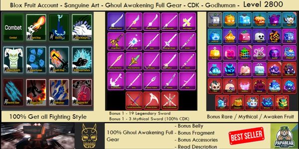 GHOUL Full Gear V4 ( Awakening ) - Sanguine Art - CDK - Godhuman - Bonus - Akun Blox Fruit