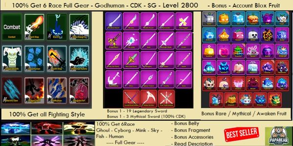 100% Get 6 Race Full Gear - Godhuman - CDK - Bonus - Account Blox Fruit