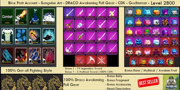 DRACO Full Gear V4 ( Awakening ) - Sanguine Art - CDK - Godhuman - Bonus - Akun Blox Fruit