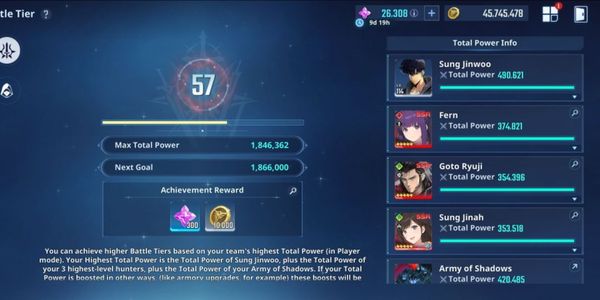 BATTLE ACCOUNT TIER 57 POWER 1.84M + ESSENCE 26K + 2 PAID SKINS + 3 LIMITED SKINS + SUNG JIN WOO POWER 490K ATTACK 56K + 3 HUNTER COLLAB FRIEREN A5