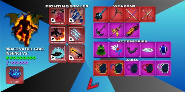 Draco V4 Tier 10 (Full Gear) | Sanguine Art | Kitsune | Lv. MAX | 3 Mythical Sword | Shark Anchor | Skull Guitar | 50M+ Beli | 100K+ Fragments