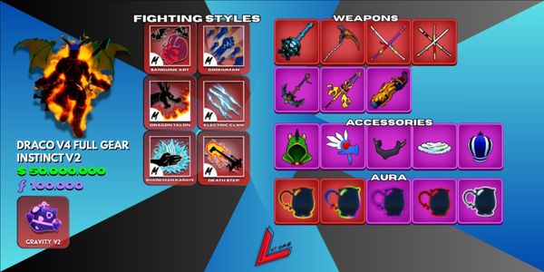 Draco V4 Tier 10 (Full Gear) | Sanguine Art | Gravity V2 | Lv. MAX | 4 Mythical Weapons | Shark Anchor | Instinct V2 | 50M+ Beli | 100K+ Fragments