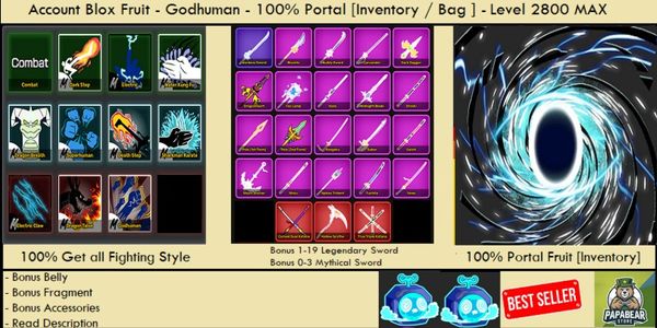 100% Portal Fruit [Inventory] - Godhuman - Level MAX - Akun Blox Fruit