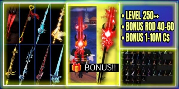 FISCH ACCOUNT [ROD OF THE DEPHTS] [TRIDENT ROD] LVL 100 + 1M-2M COINS