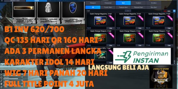 B1 INV 620/600 QCQR 300 DAY+3 PERMANENT CHARACTER IDOL 14 DAY+WIG 7 DAY FT POINT 4-6 MILLION WEAPONS, CHARACTERS, ITEMS VERY MANY