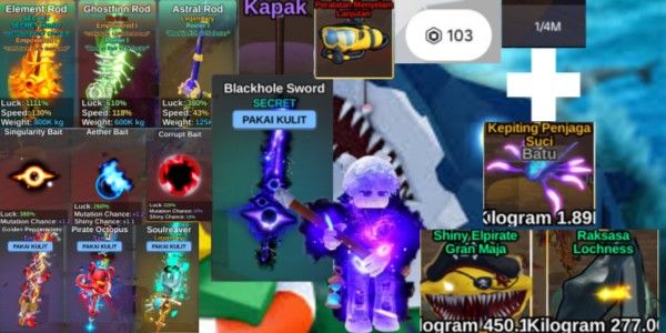 حساب Fish It! GG عصا ألماس بيركين محدود تعويذة سرية صياد | AVA BEROBUX + مكافأة 103 | مكافأة بيغ لوكنيس + Elpirate Gran Maja + Sacred Guar Crab