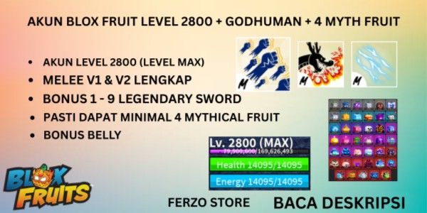 Blox Fruit Account MAX LEVEL + GODHUMAN + 4 MYTHICAL FRUIT