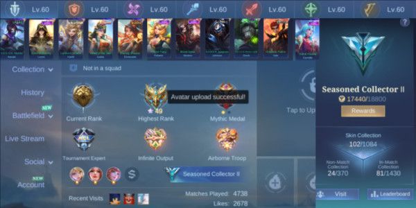 (201) Akun Mlbb Emblem Max, Skin Deluxe 11 DM 257 BPP 91K Ticket 2383