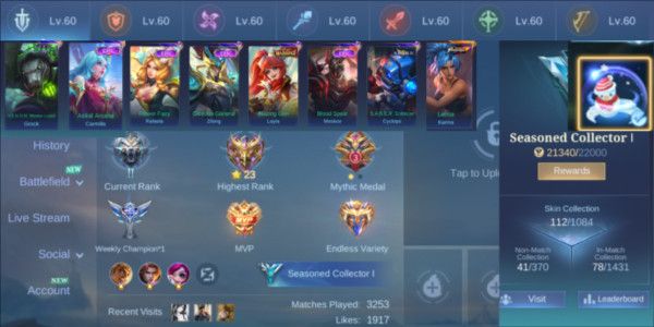 (198) Akun Mlbb Emblem Max, Kof Karina, Skin Deluxe 7, Recall Snowman