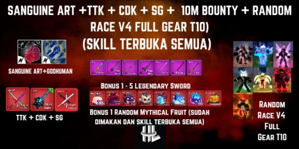 Beli Akun Akun Blox Fruit 10M Bounty + Sanguine Art + TTK + CDK + SG ...