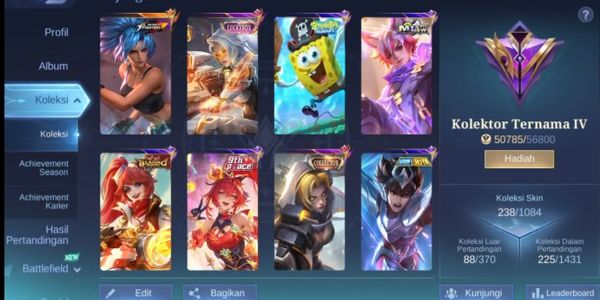 238 SKINS HERO EMBLEM MAX + LUCKYBOX LESLEY + SPONGEBOB + P.ACE FANNY + 16 EPIC + SPONGEBOB + COLLECTOR NATLAIA + SAINT SEIYA BADANG