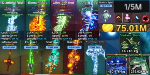 حساب Fish It! GG عصا ألماس بسكين محدود | تعويذة الكمال × Fairy Hunter | بونص 75 مليون كوين + Ancient Lochnesh Monster + Elshark Gran Maja