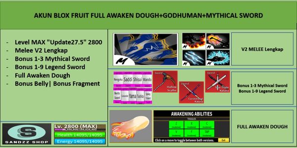 Blox Fruit Account FULL AWAKEN DOUGH+GODHUMAN+MYTHICAL SWORD [Level MAX][Melee+Fruit+Sword All Skills Unlock]