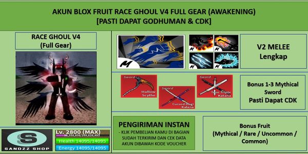 Blox Fruit Race Ghoul V4 Full Gear (Awakening) Account (Godhuman + CDK) [MAX Level]