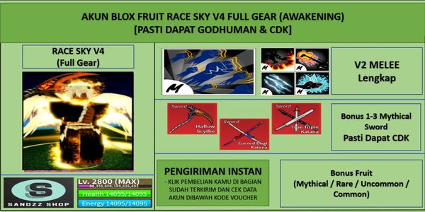 Blox Fruit Race Sky V4 Full Gear (Awakening) Account (Godhuman + CDK) [MAX Level]