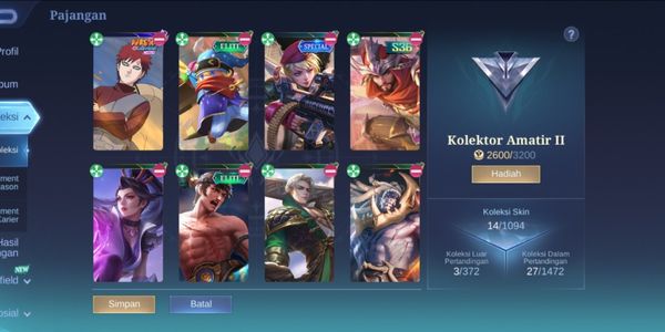 ML ACC 32K, UDH DPET SKIN LIMIT COLLAB WITH NARUTO VALE GAARA, SPECIAL SKIN KIMMY, SEVERAL ELITE AND BASIC SKINS, ALSO THERE IS A SPAWN EFFECT LIMIT NARUTO?
