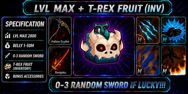 BLOX FRUIT ACCOUNT GODHUMAN + T-REX FRUIT (IN INVENTORY) (MAX LEVEL)