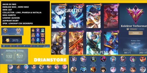 #911| 327 สกิน | 1 ตำนาน | Collector Natalia | Collector Ling | Collector pharsa | Harith Killua | Ruby Aspirant