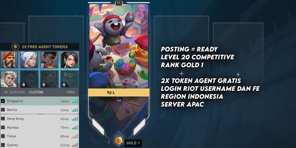 Akun Level 20 Valorant, Siap Competitive Valo, GOLD 1