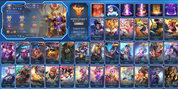 IMMO • 511 SKINS • LEGEND ALUCARD & JOHNSON • NARUTO • ASP GUINEVERE • 3 KOF • COLLECTOR YSS • 5 ANNUAL STARS • 34 LIMITED