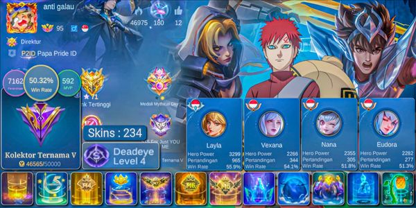 SKIN 234!! MANY HEROES & MAX EMBLEM WITH COLLECTOR SKIN NATALIA, SPONGEBOB CYC, NARUTO VALE, SEIYA BADANG, 20 EPIC/SHOP EX GLORY