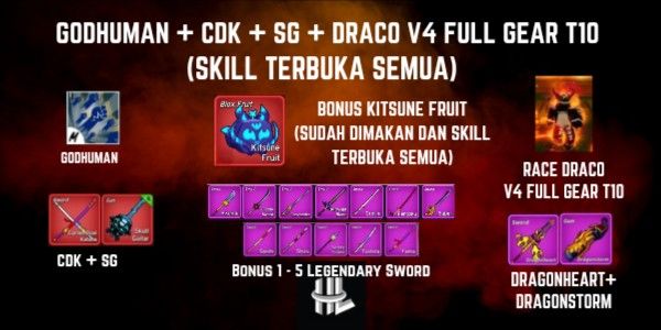 Akun Blox Fruit Godhuman + CDK + SG + Race Draco V4 Full Gear T10 + Kitsune Mythical Fruit