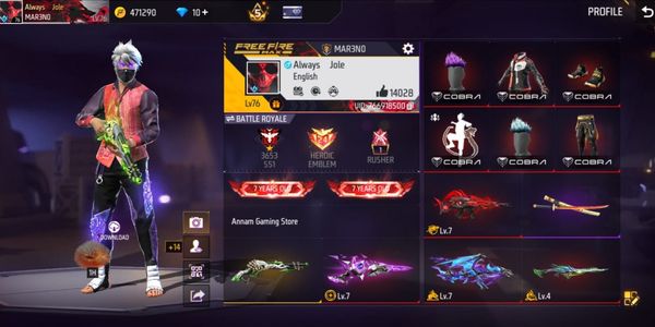 FREE FIRE ACCOUNT 7 YEARS OLD, SG LUMUT, STERLING, EVO MAX 3 AK47, SCAR, SG2, VAULT 580+, WEAPONS 520+, TRAP BUNDLE, KATANA 5 TYPES, FIST ON ETC
