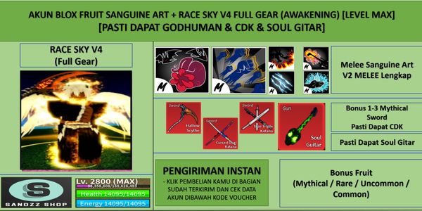 Blox Fruit Account Sanguine Art + Race Sky V4 Full Gear (Awakening) (Godhuman + CDK + Soul Guitar) [Level MAX]
