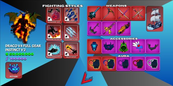 Draco V4 Tier 10 (Full Gear) | Sanguine Art | Kitsune | Lv. MAX | 4 Mythical Weapons | Shark Anchor | Instinct V2 | 50M+ Beli | 100K+ Fragments