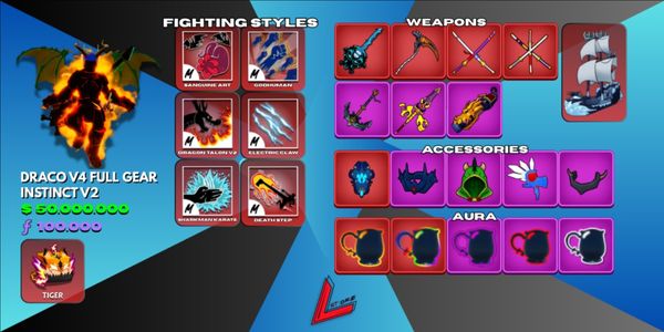 Draco V4 Tier 10 (Full Gear) | Sanguine Art | Tiger | Lv. MAX | 4 Mythical Weapons | Shark Anchor | Instinct V2 | 50M+ Beli | 100K+ Fragments