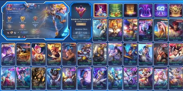 413 SKINS • 3 LEGEND SABER JOHNSON LESLEY • SHURA HAYABUSA • EXORCIST GRANGER • DUCATI LEOMORD • COLLECTOR YI SUN SHIN • ALLSTAR HANABI • 24 LIMITED