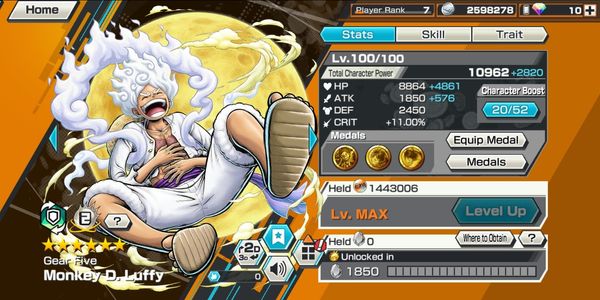 ไอดี Extreme Luffy Nika EX Max LVL 100 [Android/iOS]