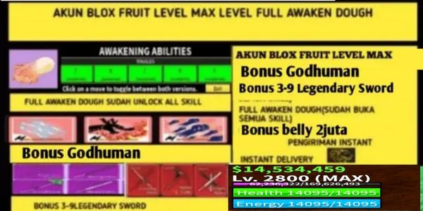 Blox Fruit Account FULL AWAKEN DOUGH V2+GODHUMAN(DATPOL) (MAX LEVEL)