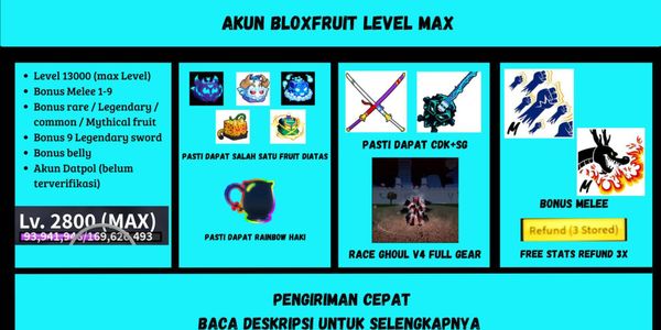 Blox Fruit Account Max Level 2800 Fruit Dragon/Kitsune/Leo/Control/Yeti/Gas minimum 300 mastery