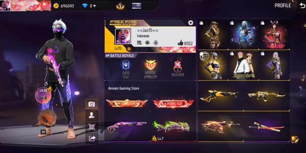 FF ACCOUNT FREE FIRE 6 YEARS OLD SG RAPPER, MAX 1 SG6, VAULT 535+, WEAPONS 530+, SUKUNA BUNDLE, KATANA 4 FLAVORS, SKYWING PEGASUS ETC
