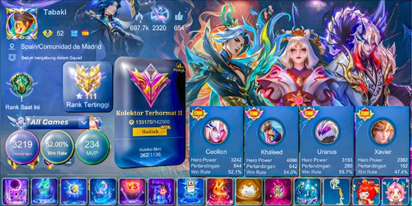 SKIN 362!! WR 52!! LEGEND LUNOX, COLLECTOR LING, SOUL VESSEL CECILION, METRO ZERO X.BORG, SEIYA CHOU, 5 ANNUAL STAR, 6 LUCKY BOX, 9 ZODIAC, 50 DELUXE SKINS