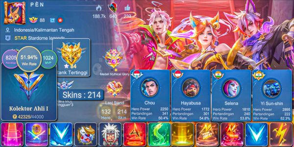 SKIN 214!! WR 51% KOF KARINA, COLLECTOR NATALIA, SEIYA BADANG, NARUTO VALE, SPARKLE FREDRIN, 2 MYSTIC MEOW, 19 DELUXE SKINS EX GLORY
