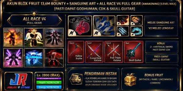 Blox Fruit Account 13.6m Bounty + Sanguaine Art + All Race v4 Full Gear (Awakening) (Godhuman + CDK + Skull Guitar) [Level MAX]
