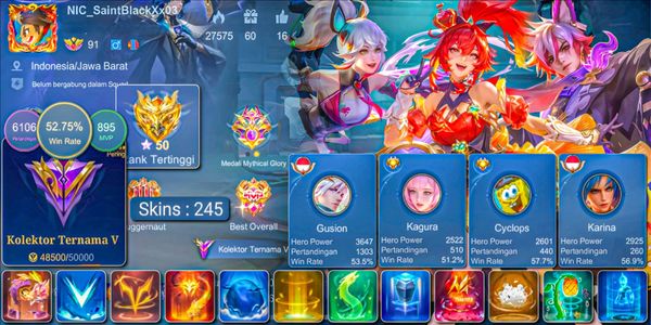 SKIN 245!! WR 52% MAX PROFILE KOF KARINA, SPONGEBOB CYC, SEIYA BADANG, NARUTO VALE, 2 MYSTIC MEOW, 24 DELUXE SKINS EX GLORY