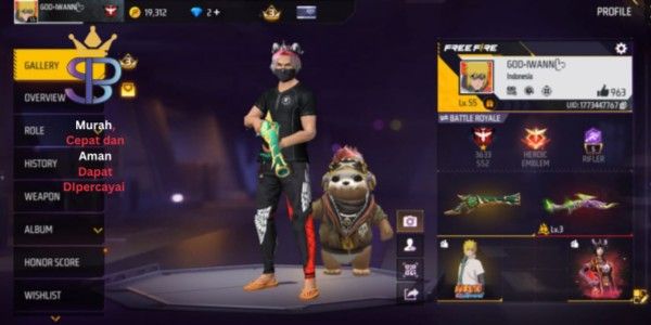 FF account with many skins, GG, cheap, includes SG Terompet 115