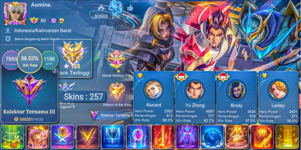 SKIN 257!! WR 56% LEGEND GUSION, KOF KARINA, TRANSFORMERS ROGER, LUCKYBOX ESTES, COLLECTOR NATALIA, 22 DELUXE SKINS INCLUDING IMMORTAL