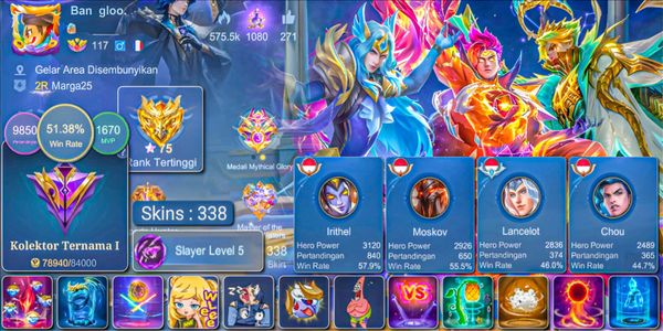 SKIN 338!! WR 51% PRIME CLAUDE & GRANGER, KOF KARINA, LUCKYBOX ROGER, COLLECTOR NATALIA, ZODIAC LANCELOT, SEIYA BADANG, 42 DELUXE SKINS EX GLORY