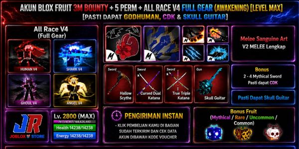 Blox Fruit Account 3m Bounty + 5 PERM + Sanguaine Art + All Race v4 Full Gear (Awakening) (Godhuman + CDK + Skull Guitar) [Level MAX]