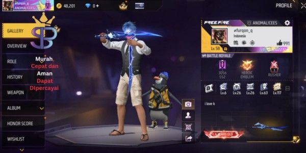 FF account with many skins, very good, cheap, includes 130