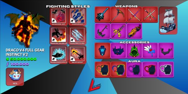 Draco V4 Tier 10 (Full Gear) | Sanguine Art | Yeti | Lv. MAX | 4 Mythical Weapons | Shark Anchor | Instinct V2 | 50M+ Beli | 100K+ Fragments