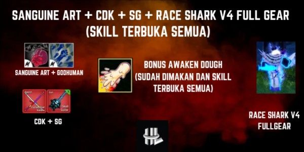 Blox Fruit account Sanguine Art + CDK + SG + Race Shark V4 Full Gear + Dough V2 (Awaken Dough)