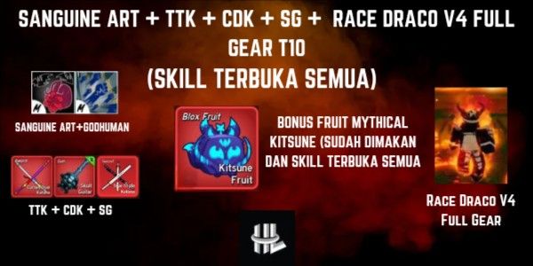 Blox Fruit Account Sanguine Art + TTK + CDK + SG + Race Draco V4 Full Gear T10 + Mythical Fruit