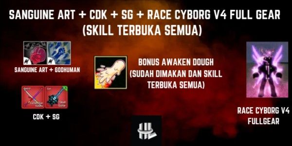 Blox Fruit account Sanguine Art + CDK + SG + Race Cyborg V4 Full Gear + Dough V2 (Awaken Dough)