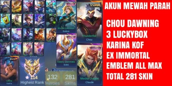 บัญชีดัง Chou Dawning Claude Luckybox Eudora Luckybox Estes Luckybox EX Immortal Emblem Allmax